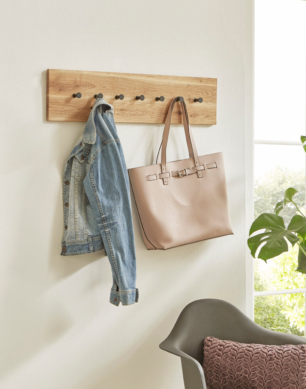 Wandgarderobe aus Eiche massiv mit 7 Metallhaken, schwarz – Ansicht 5