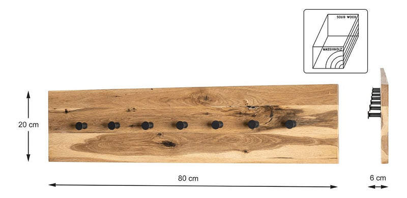 Wandgarderobe aus Eiche massiv mit 7 Metallhaken, schwarz – Ansicht 10
