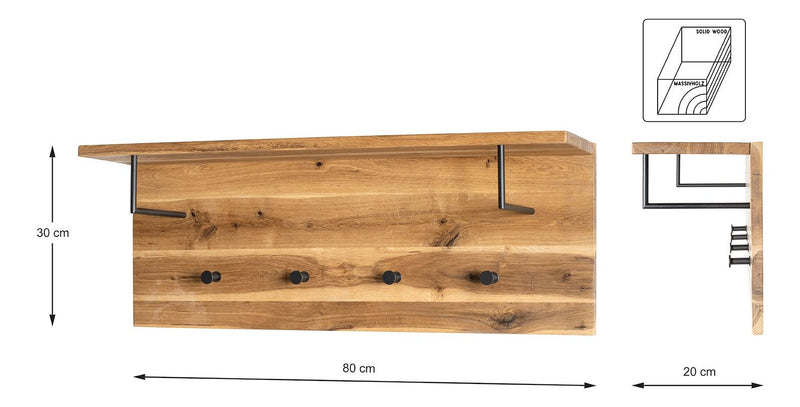 Haku Wandgarderobe Eiche massiv mit Hutablage und 4 Metallhaken