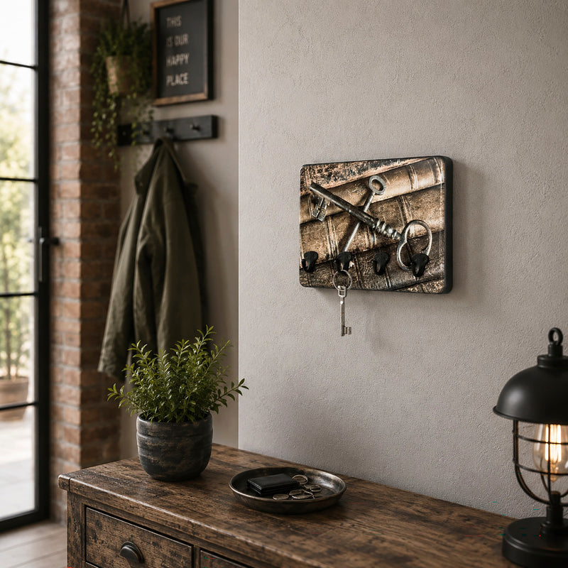 Schlüsselboard mit 4 Metallhaken, Motiv Schlüsselbund, schwarz – Ansicht 4