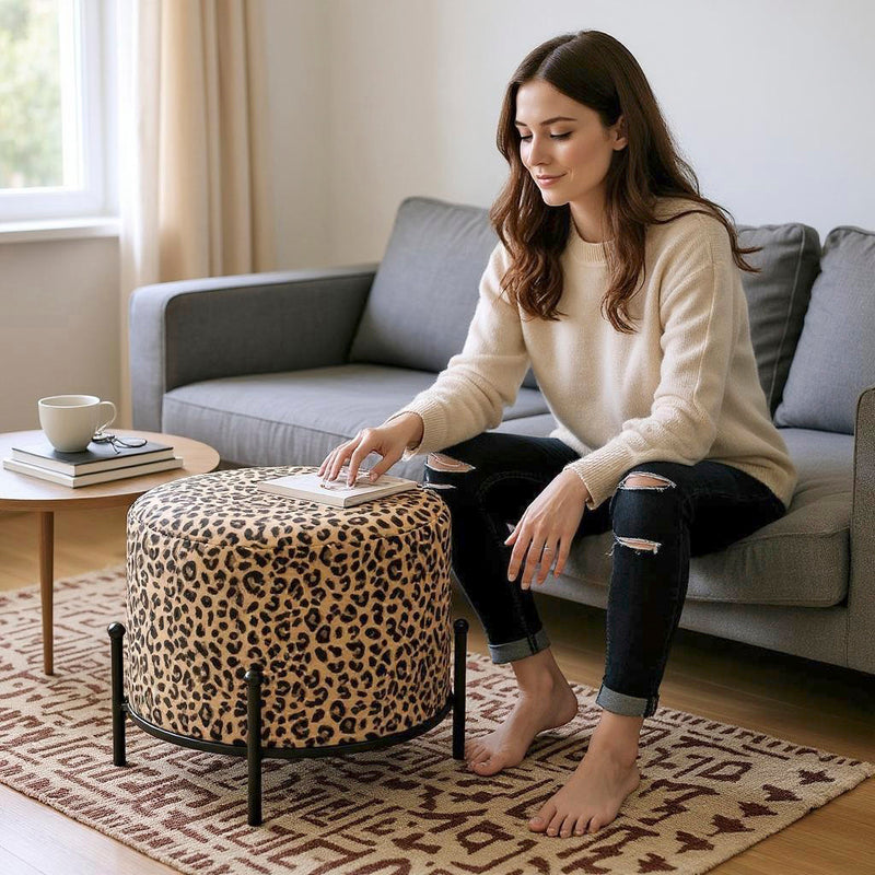 Haku Hocker Leopard-Samt, gepolstert, rund in Gold-Schwarz