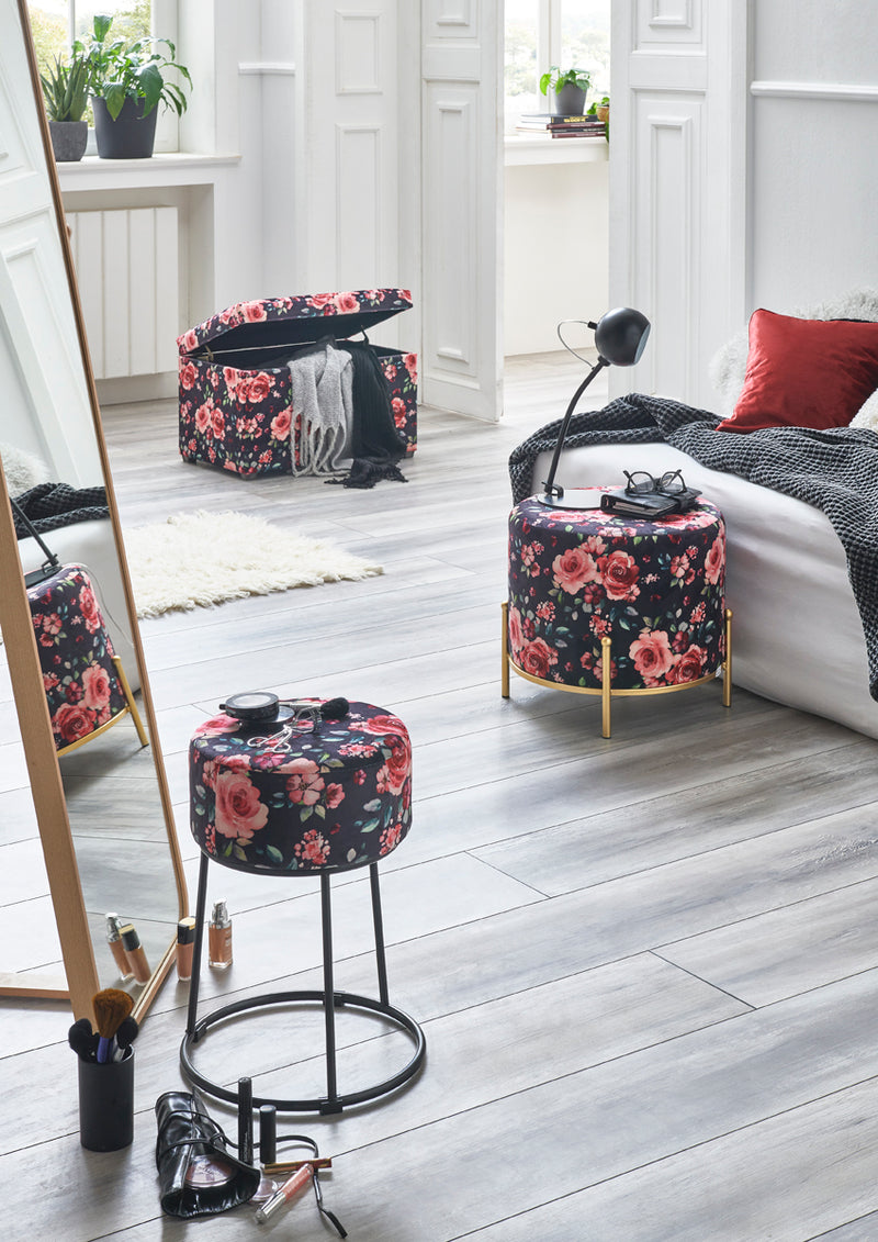 Hocker Black Rose im Art-Deco-Stil mit floralem Samtbezug – Ansicht 2