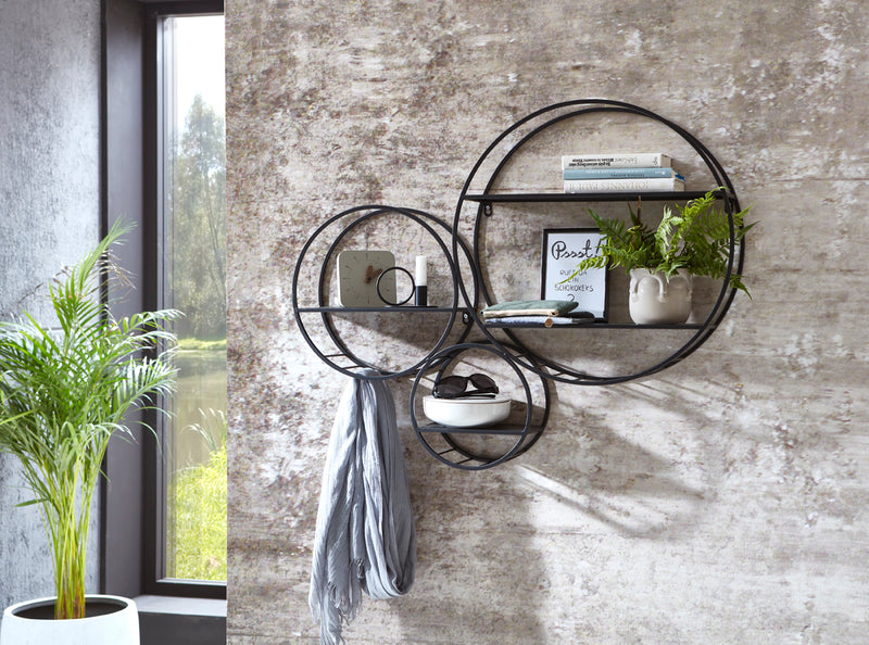 Haku Wandregal rund aus Stahlrohr, 3 Ablagen, Schwarz, modern