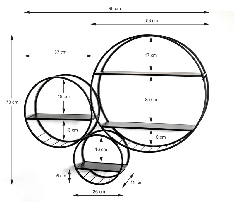 Haku Wandregal rund aus Stahlrohr, 3 Ablagen, Schwarz, modern