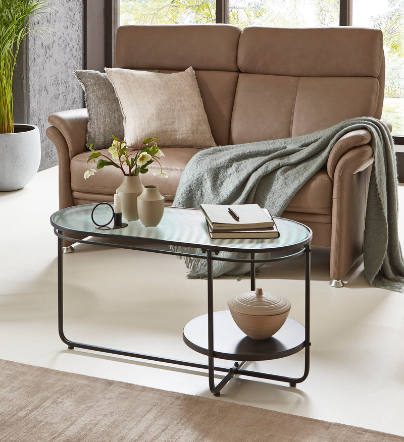 Haku Couchtisch oval mit Glasablage, schwarzes Metallgestell im X-Design