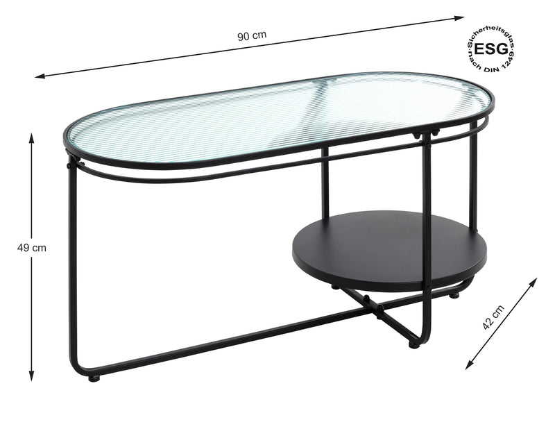 Haku Couchtisch oval mit Glasablage, schwarzes Metallgestell im X-Design