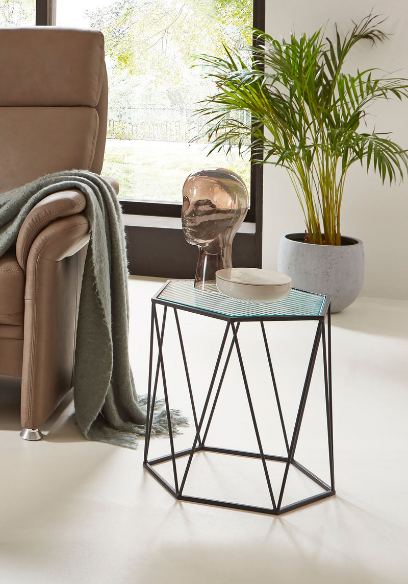 Beistelltisch sechseckig aus Metall mit Sicherheitsglas, schwarz – Ansicht 3