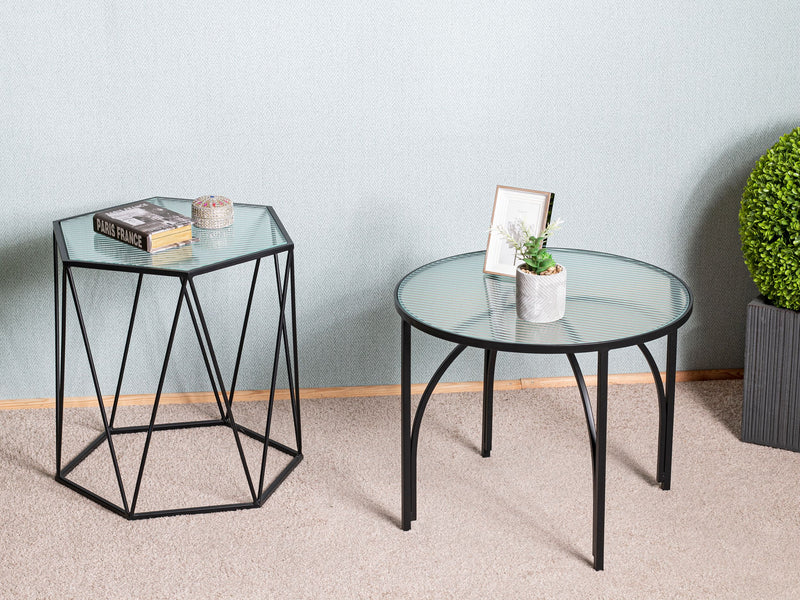 Beistelltisch sechseckig aus Metall mit Sicherheitsglas, schwarz – Ansicht 5