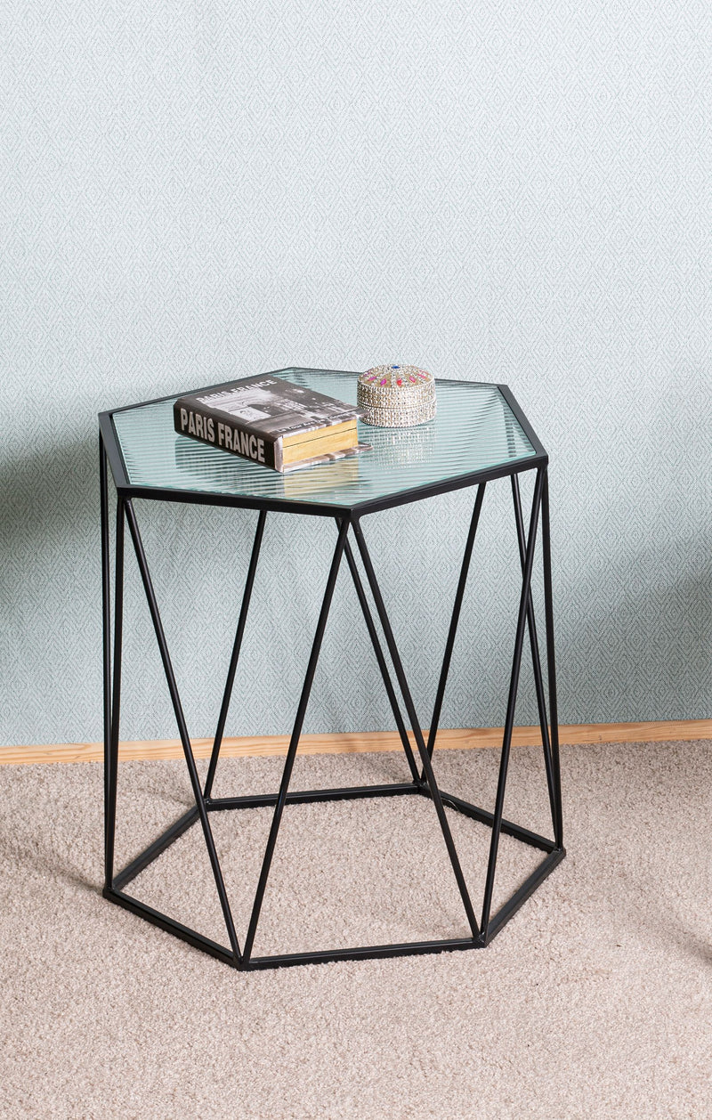 Beistelltisch sechseckig aus Metall mit Sicherheitsglas, schwarz – Ansicht 6