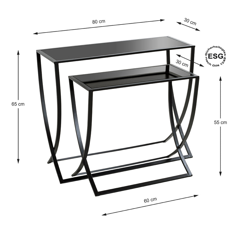 Haku Beistelltisch 2er Set aus Metall mit Glasablage, schwarz