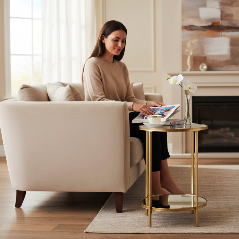 Haku Beistelltisch rund, Art Deco mit Spiegel- und Glasablage in Gold