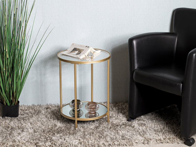 Haku Beistelltisch rund, Art Deco mit Spiegel- und Glasablage in Gold