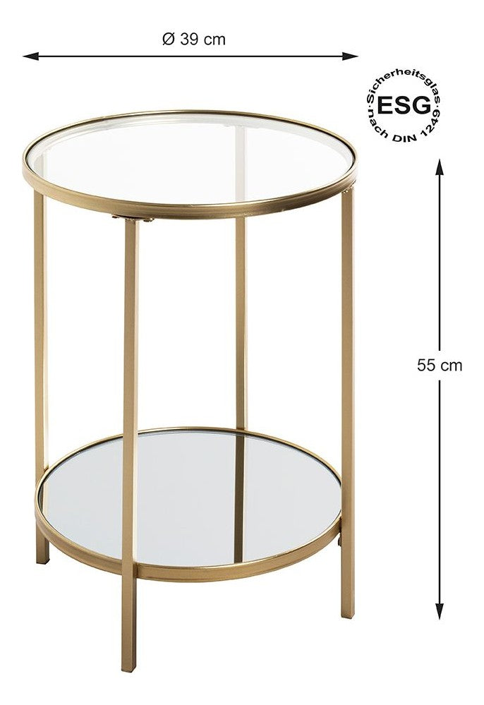 Haku Beistelltisch rund, Art Deco mit Spiegel- und Glasablage in Gold