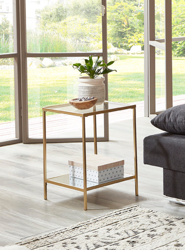 Haku Beistelltisch Art Deco, gold mit Spiegelablage und Glasplatte