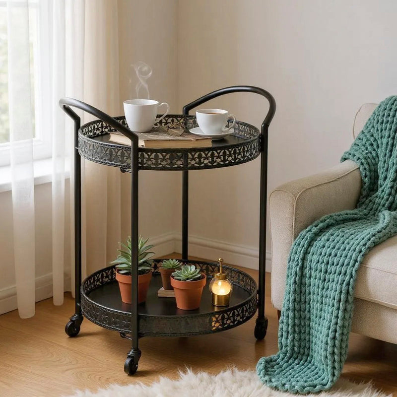 Servierwagen aus Stahlrohr, schwarz, Art Deco-Stil mit Rollen – Ansicht 2