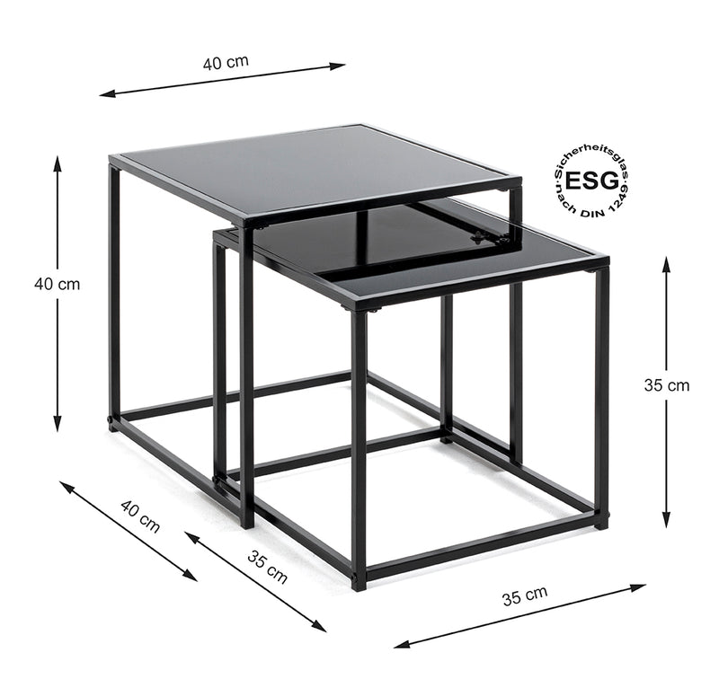 Haku Beistelltisch 2er-Set Sicherheitsglas schwarz mit Stahlrohrgestell