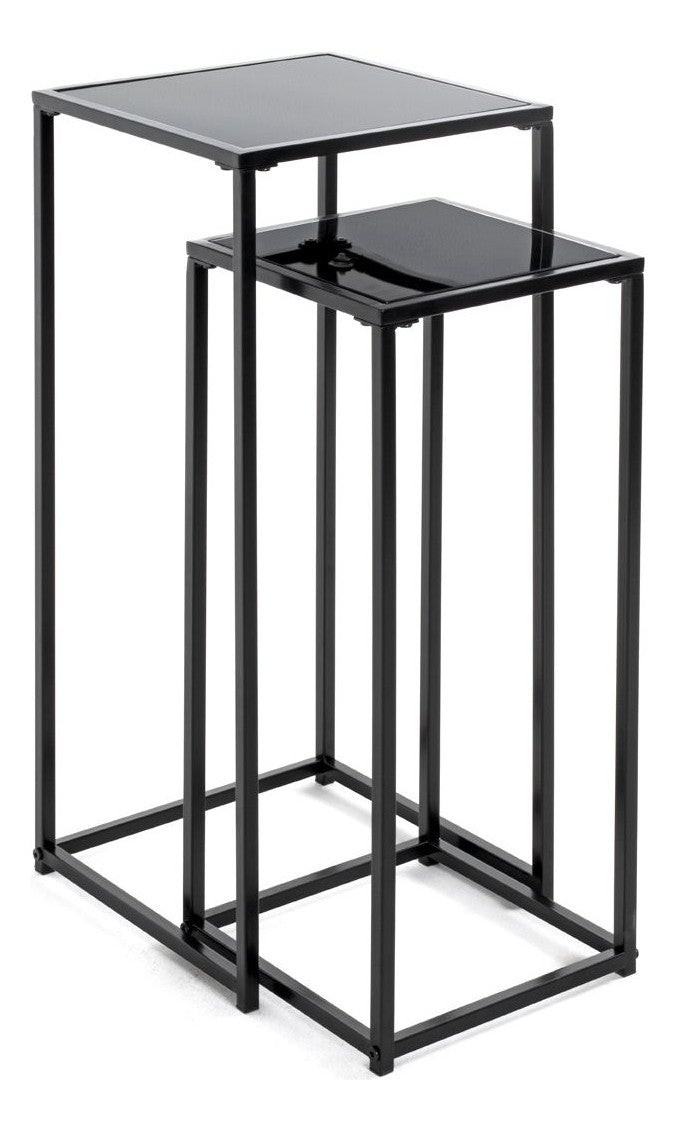 Haku Blumensäule im 2er-Set: schwarze Pflanzsäulen aus Stahlrohr mit Glasablagen