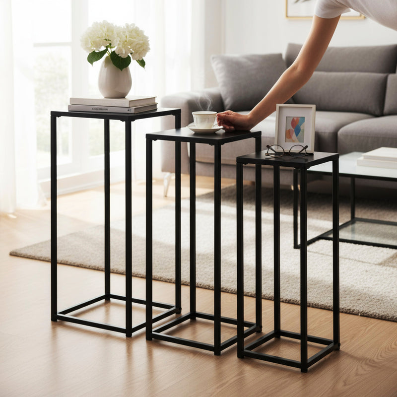 Haku Blumensäule 3er-Set aus Stahlrohr, schwarz, eckig, modern