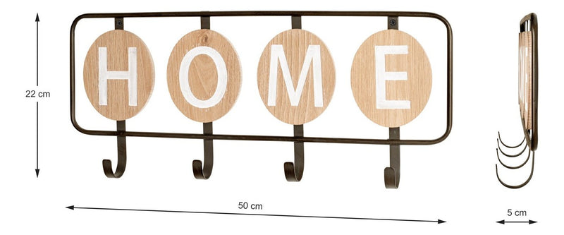 Wandgarderobe mit 4 Haken, Schriftzug „Home“, Metall schwarz-eiche – Ansicht 5