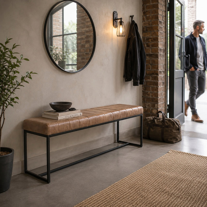 Sitzbank Industrial, Gestell Stahlrohr schwarz, Sitz Leder braun – Ansicht 2
