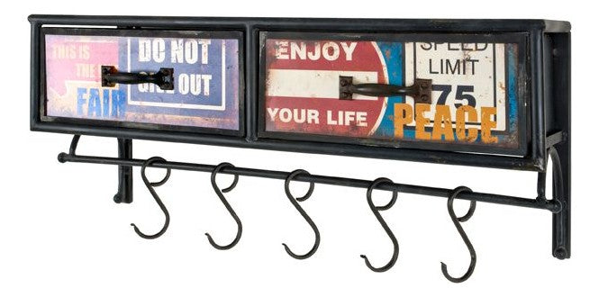 Wandgarderobe Vintage aus Metall mit 2 Schubkästen und 5 Haken – Ansicht 1