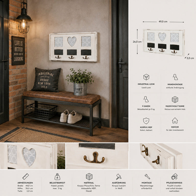 Wandgarderobe mit 3 Haken und Bilderrahmen, antikweiß, Industrial – Ansicht 2