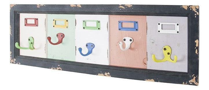 Wandgarderobe Vintage mit 5 Metallhaken, Massivholz bunt – Ansicht 1