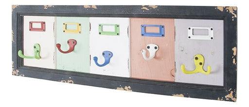 Wandgarderobe Vintage mit 5 Metallhaken, Massivholz bunt – Ansicht 1