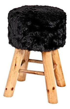 Haku Hocker Glam-Stil, Felloptik schwarz mit Massivholz-Beinen