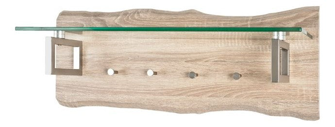 Haku Wandgarderobe Eiche hell mit Glasablage, 4 Haken Edelstahloptik
