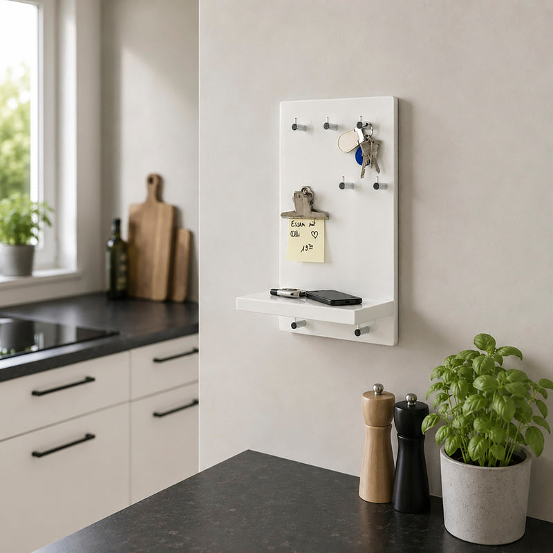 Haku Schlüsselboard mit 7 Haken und Ablage, weiß-chrom, MDF