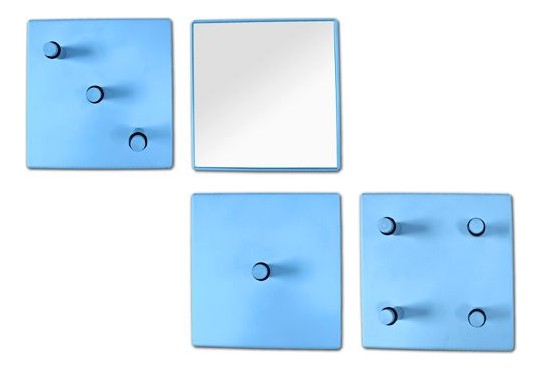 Garderobenset mit Spiegel und 8 Haken aus blau lackiertem Metall – Ansicht 1