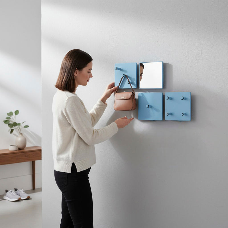 Garderobenset mit Spiegel und 8 Haken aus blau lackiertem Metall – Ansicht 2