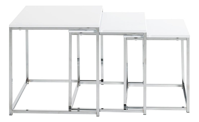 Beistelltisch 3er-Set, Stahlrohr verchromt mit weißer Hochglanz-Ablage – Ansicht 3