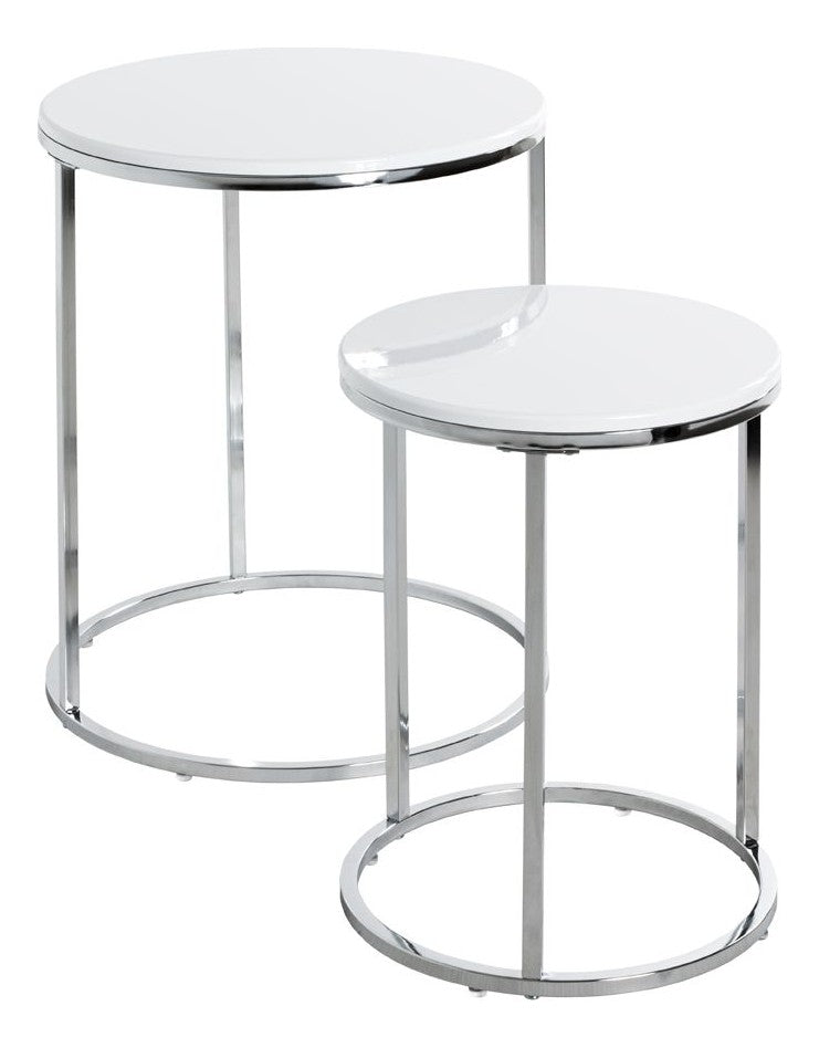 Haku Beistelltisch 2er Set rund, Chrom-Optik, Ablage Weiß Hochglanz