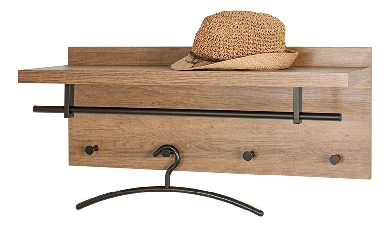 Haku Wandgarderobe Eiche dunkel mit 4 Metallhaken und Hutablage