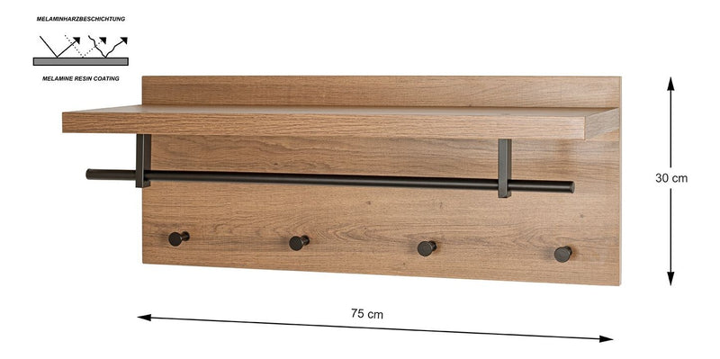 Haku Wandgarderobe Eiche dunkel mit 4 Metallhaken und Hutablage
