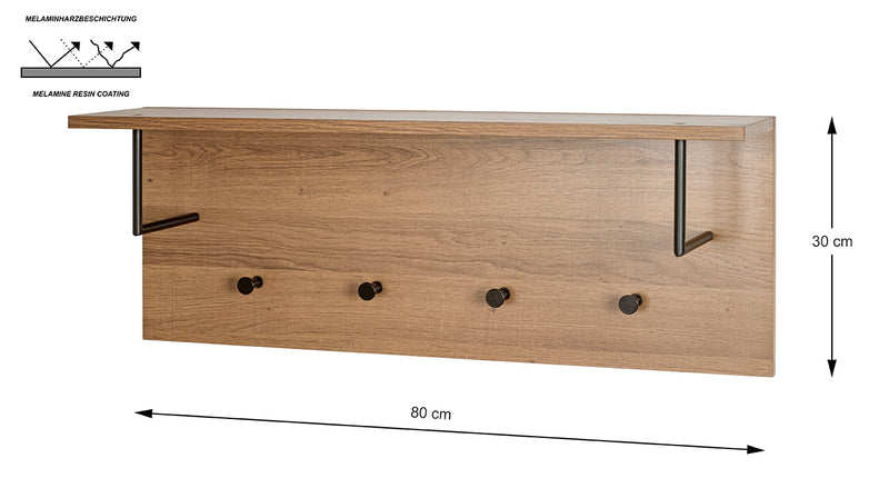 Haku Wandgarderobe Eiche dunkel mit 4 Metallhaken, Hutablage