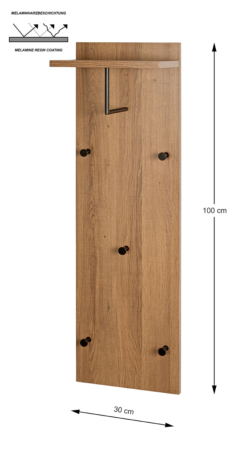 Haku Wandgarderobe mit Hutablage, 5 Haken, Dekor Eiche dunkel