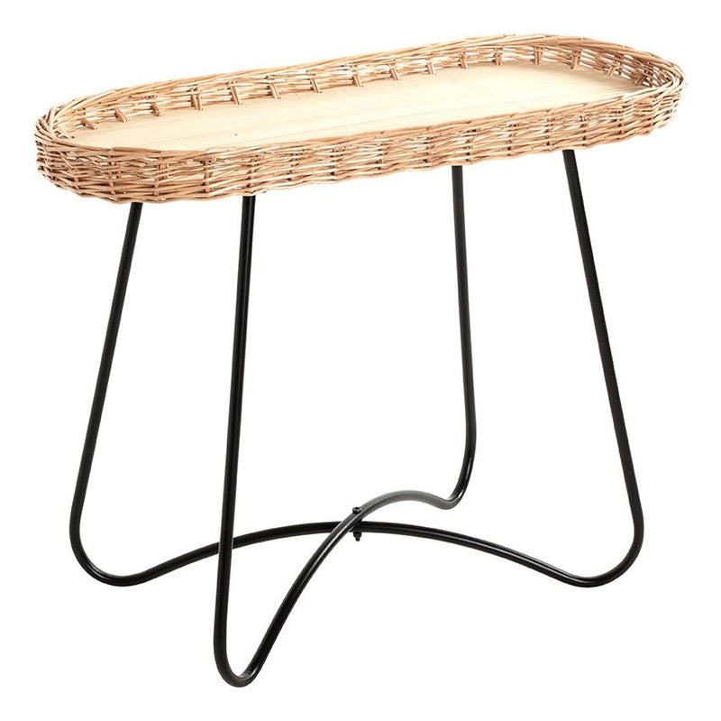 Haku Beistelltisch oval mit Weidengeflecht, Stahlrohr-Gestell in Schwarz