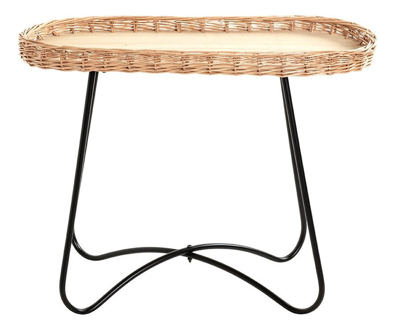 Haku Beistelltisch oval mit Weidengeflecht, Stahlrohr-Gestell in Schwarz