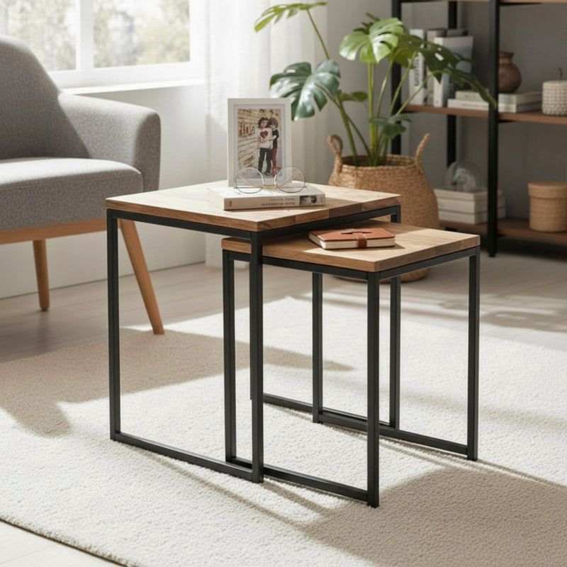 Haku Beistelltisch 2er Set, Eiche massiv mit Stahlrohrgestell schwarz