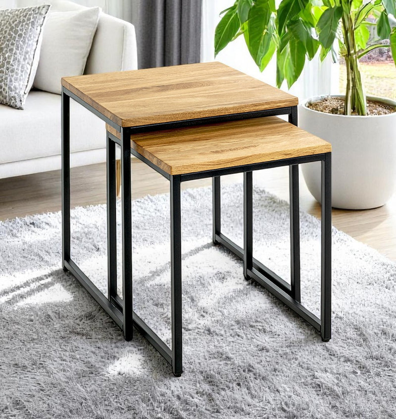 Haku Beistelltisch 2er Set, Eiche massiv mit Stahlrohrgestell schwarz