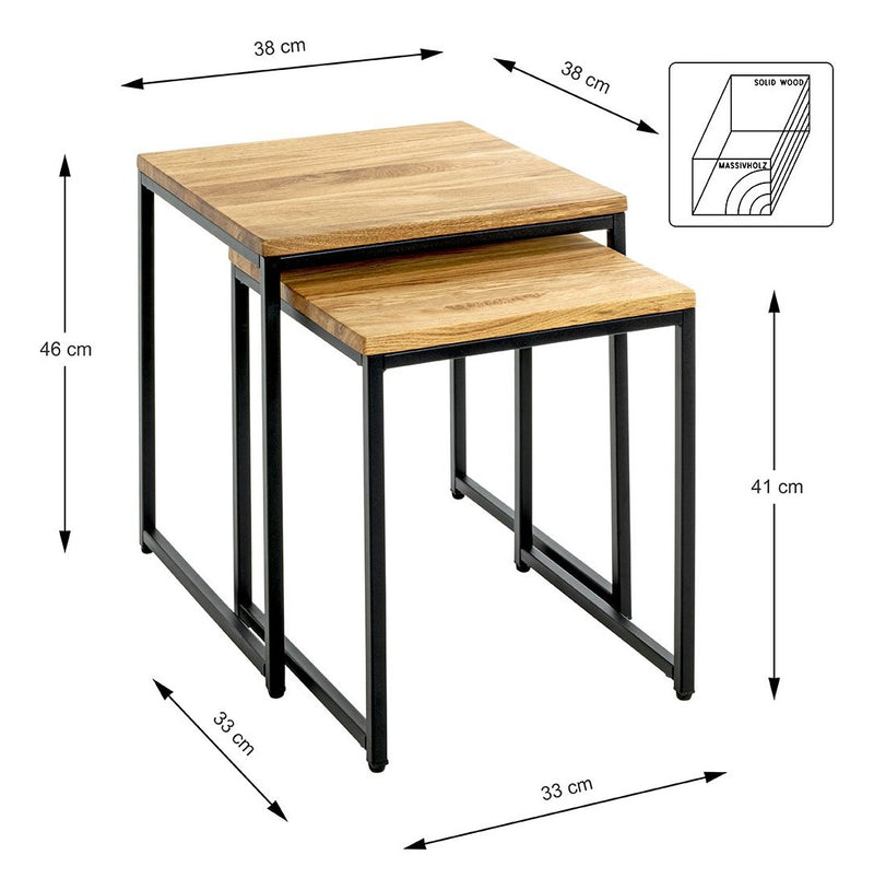 Haku Beistelltisch 2er Set, Eiche massiv mit Stahlrohrgestell schwarz