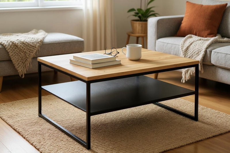 Haku Couchtisch Eiche massiv, quadratisch mit Stahlrohrgestell schwarz