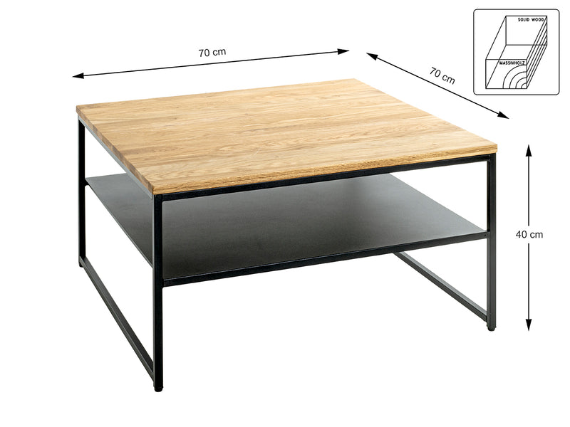 Haku Couchtisch Eiche massiv, quadratisch mit Stahlrohrgestell schwarz