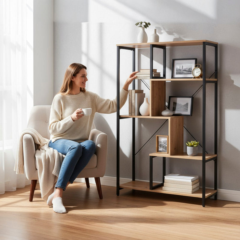 Standregal Eiche-Dekor mit schwarzem Stahlrohrgestell – Ansicht 2