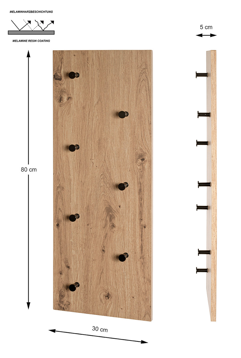 Haku Wandgarderobe mit 7 Metallhaken in Eiche hell, Hoch- und Querformat