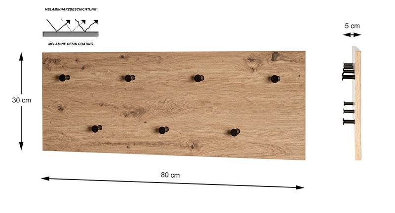 Haku Wandgarderobe mit 7 Metallhaken in Eiche hell, Hoch- und Querformat