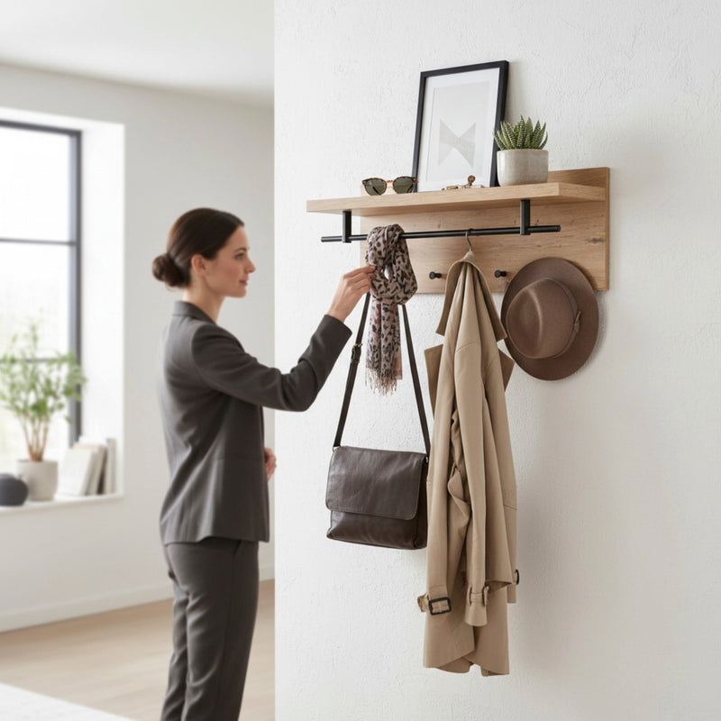 Wandgarderobe Eiche hell mit 4 Haken, Hutablage und Kleiderstange – Ansicht 2